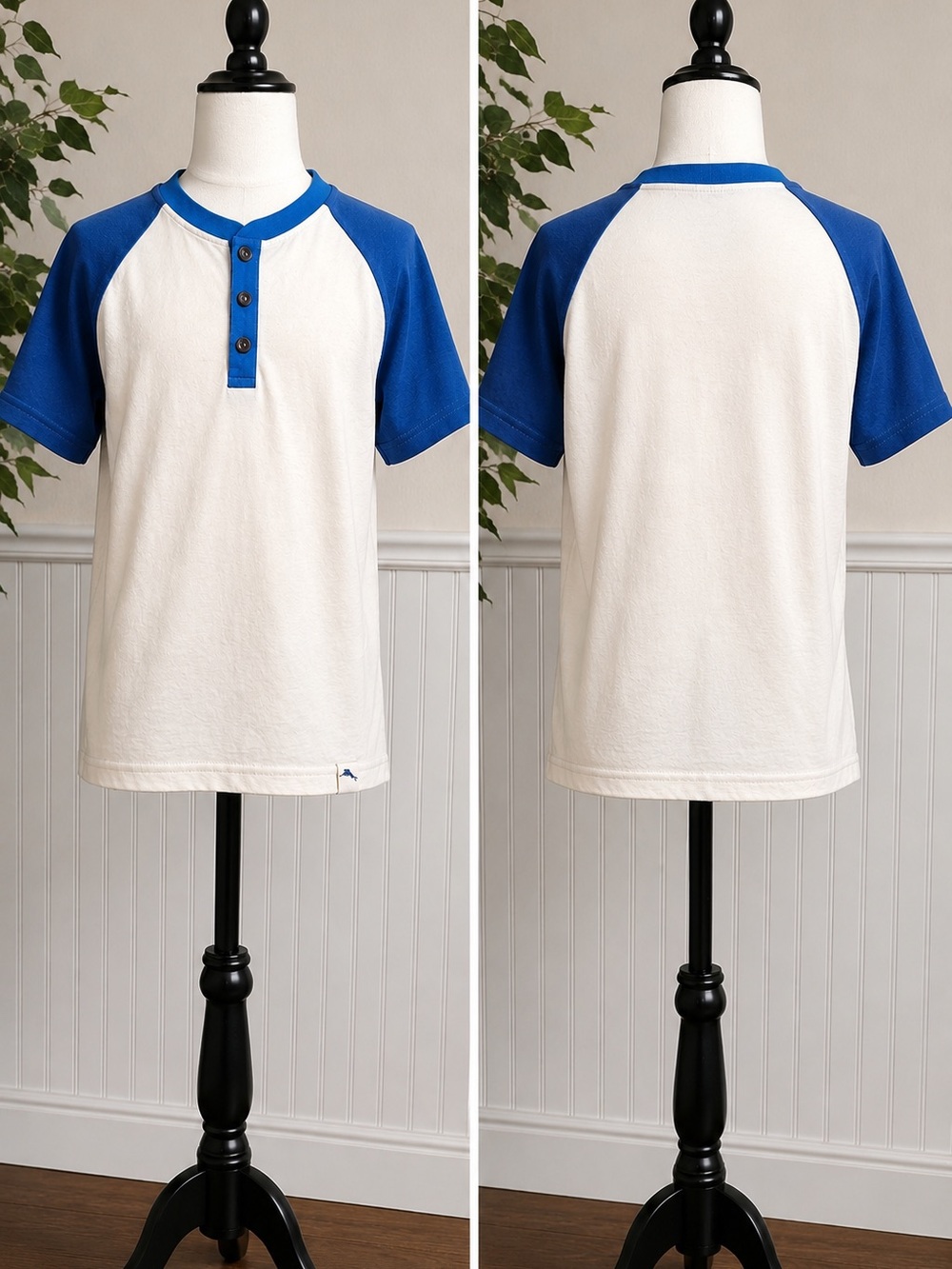 Tommy Bahama White and Blue Raglan Henley Tee